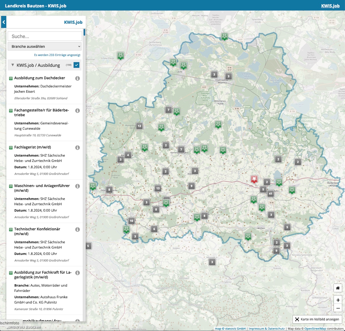 Screenshot Berufelandkarte Landkreis Bautzen