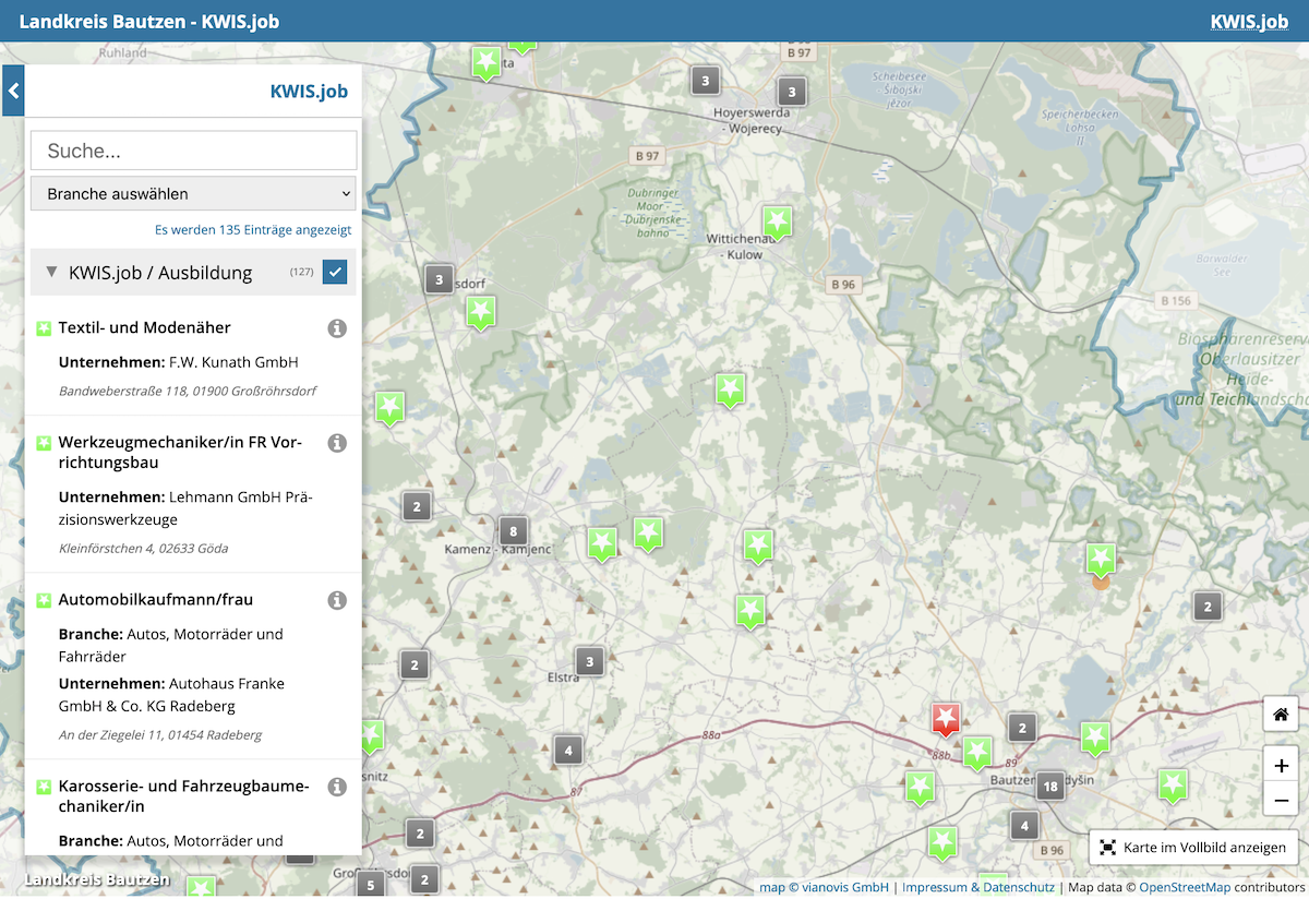 Screenshot Berufelandkarte Landkreis Bautzen